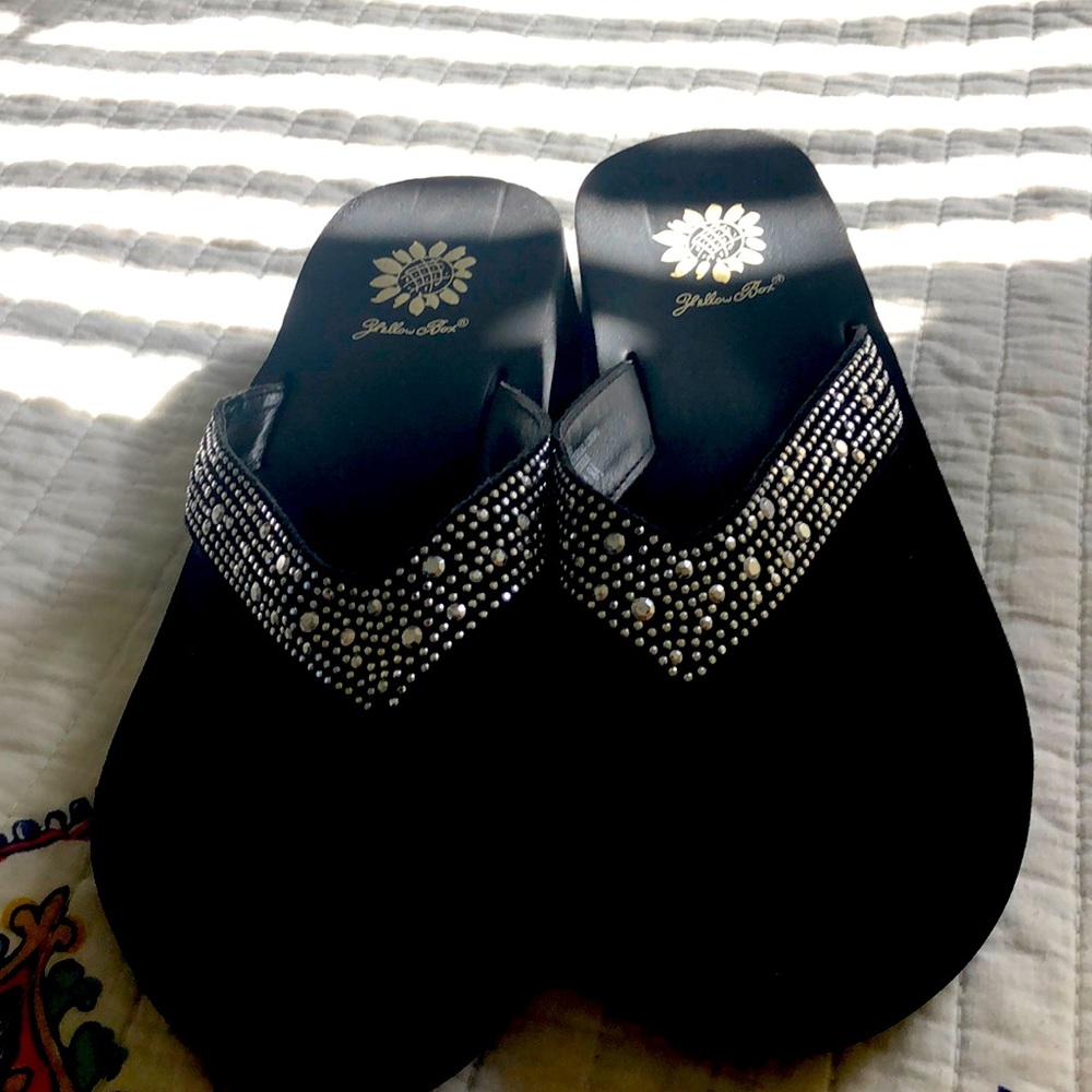Yellow Box Black Sandals with rhinestones